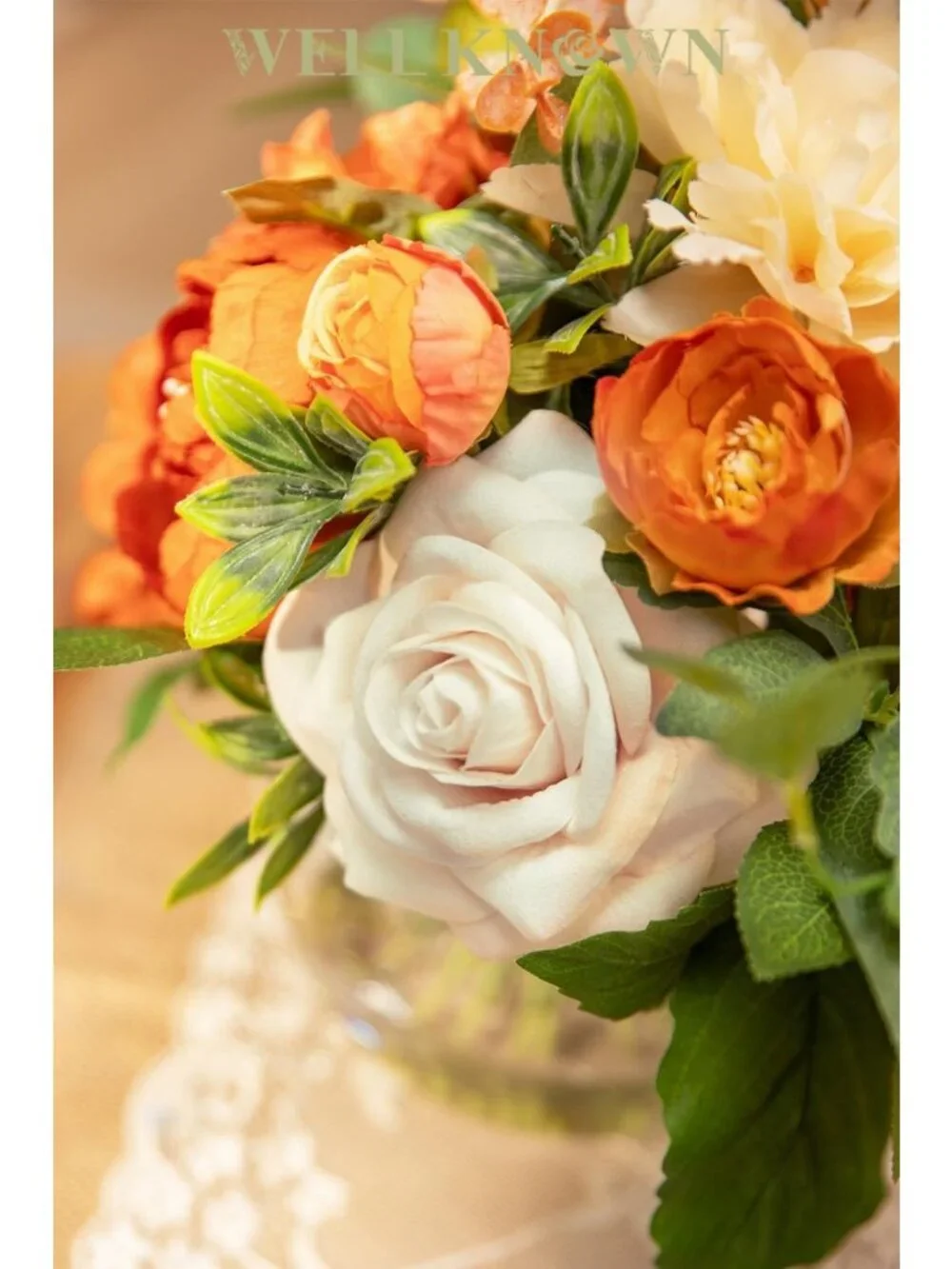Stunning Burnt Orange & Champagne Artificial Flowers in Elegant Vase - Home